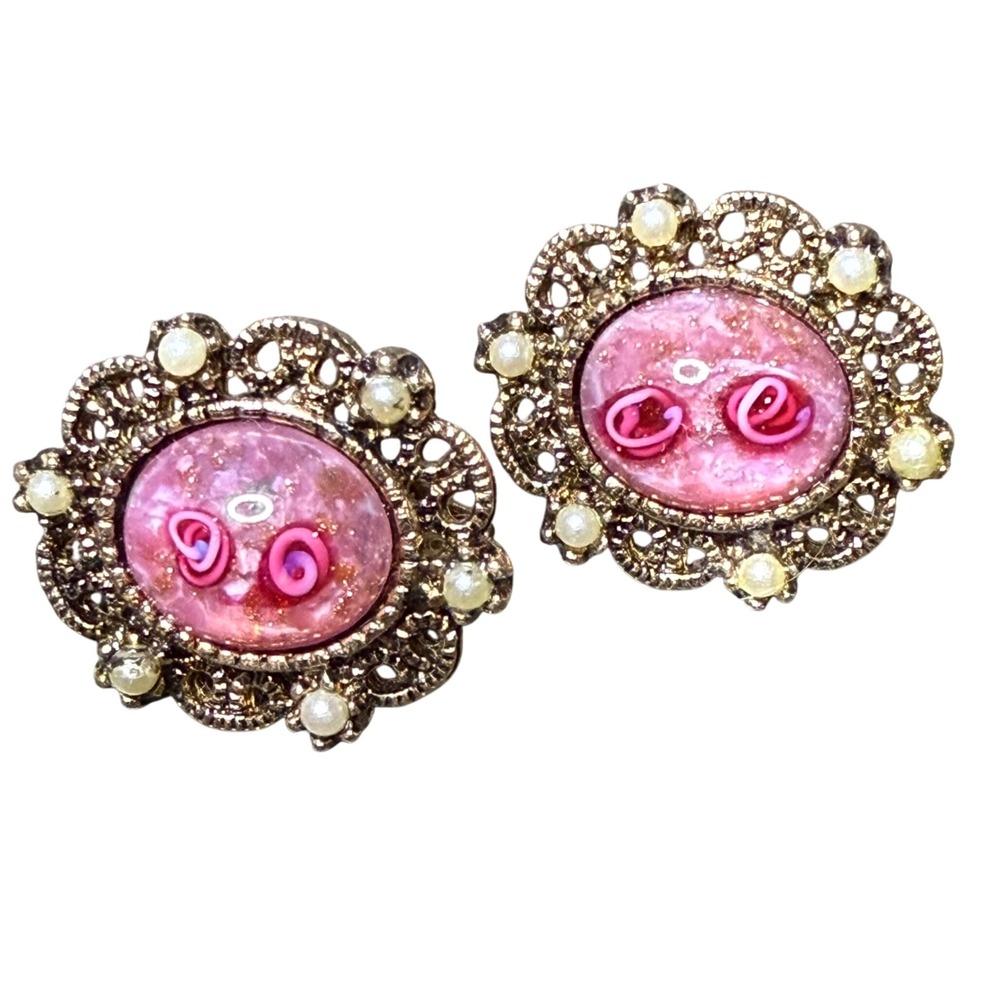 Coventry Vintage Clip On Earrings Pink Rose Flower‎ Gold Tone Costume Jewelry